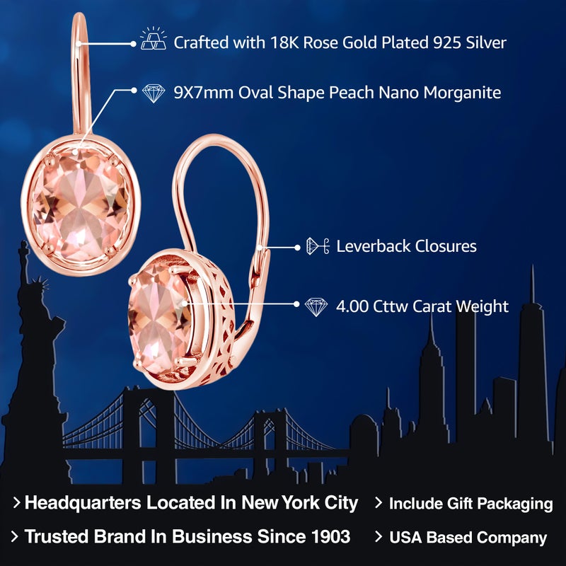 Gem Stone King 18K Rose Gold Plated Silver Peach Nano Morganite Earrings For Women | 4.00 Cttw | Oval 9X7MM - Image 2